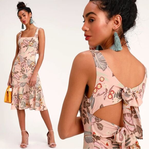 Lulus Island Sun Blush Pink Tropical Print Tie-Back Midi Dress - Small - Picture 1 of 8